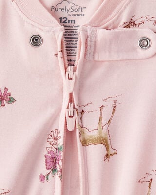 Product image 2 of Baby Girl Deer & Floral Print PurelySoft Long-Sleeve 2-Way Zip 1-Piece Pajamas - Pink