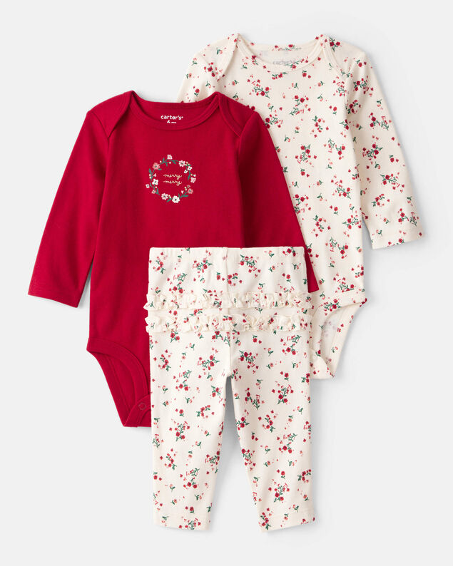 Product image 1 of Baby Girl 3-Piece Floral Merry Cotton Bodysuits & Pant Set - White/Red