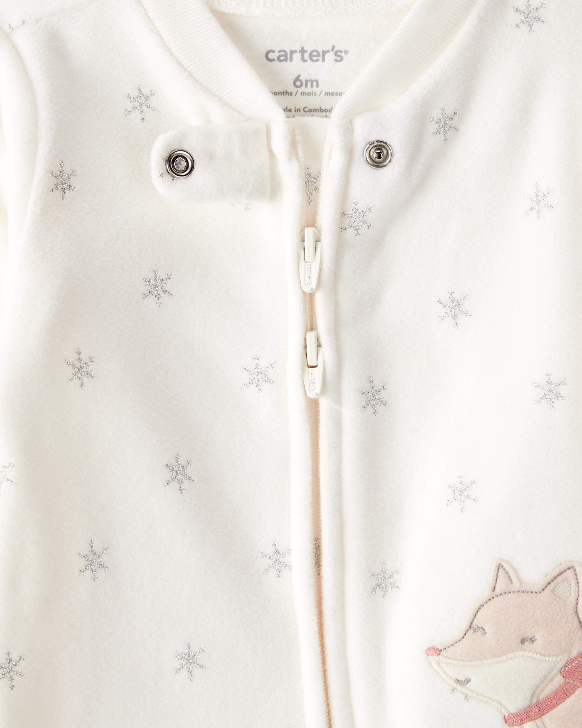 Baby Girl Fox Sparkle Print Loose Fit Long-Sleeve Sleep & Play Pajamas - White