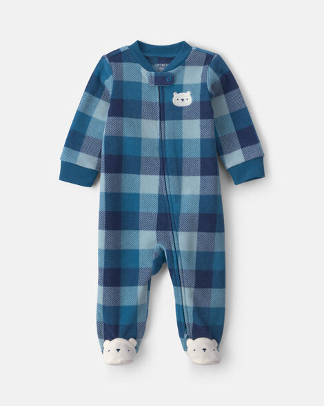 baby boy bear plaid fleece 2-way zip sleep & play pajamas - blue