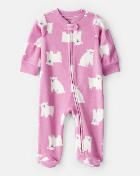baby girl polar bear print loose fit long-sleeve sleep & play pajamas - pink