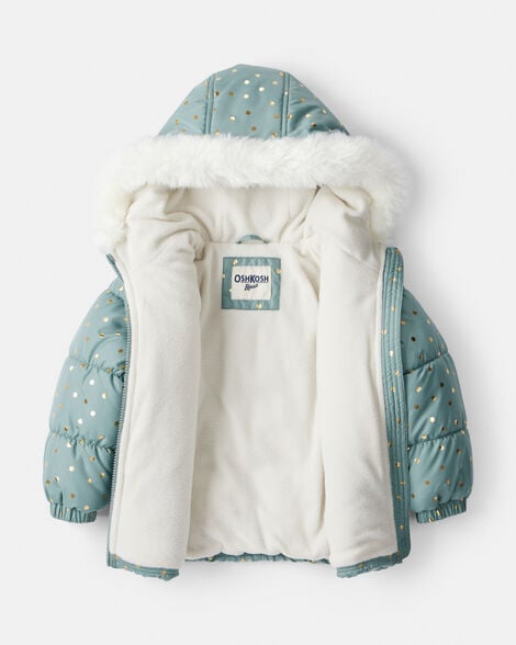Toddler Girl 2-Piece Polka Dot Hooded Snowsuit Jacket & Bib Set - Green