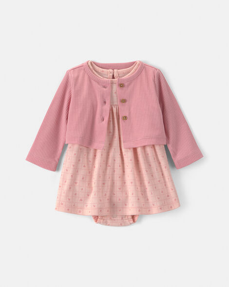 baby girl 2-piece floral cardigan dress set - pink