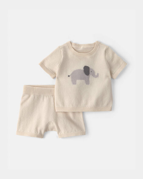 baby 2-piece elephant short-sleeve sweater top & short set - ivory