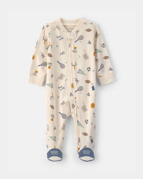 baby boy sports 2-way zip sleep & play pajamas - ivory