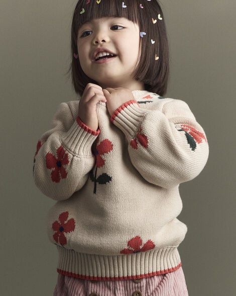 Toddler Girl Floral Pullover Sweater - Khaki