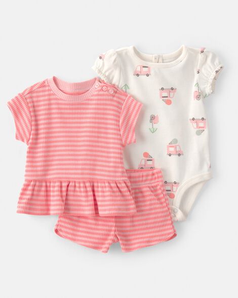 baby girl 3-piece ice cream truck short-sleeve top, bodysuit & short set - pink/ivory