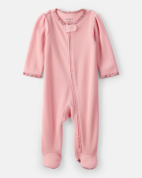 baby girl cotton long-sleeve  2-way zip sleep & play pajamas - pink
