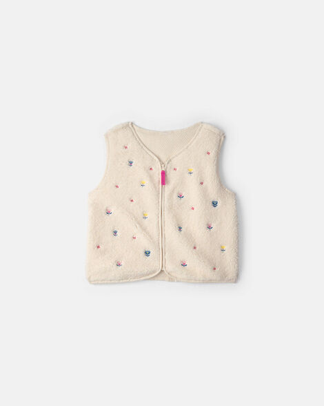 girls floral teddy fleece vest - cream