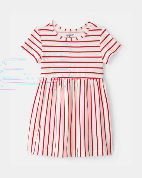 baby girl striped short-sleeve dress - red/ivory