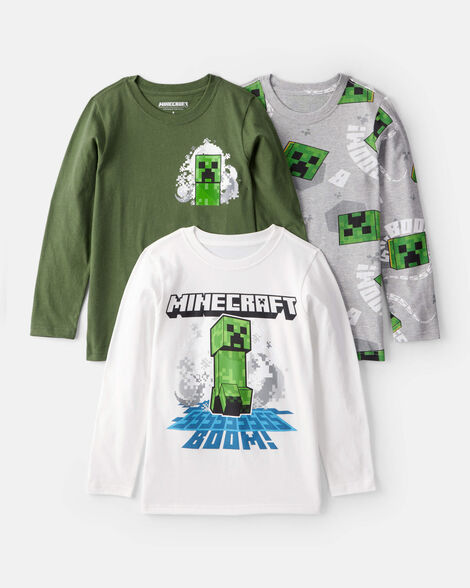 boys 3-pack minecraft® print long-sleeve tops - green/white