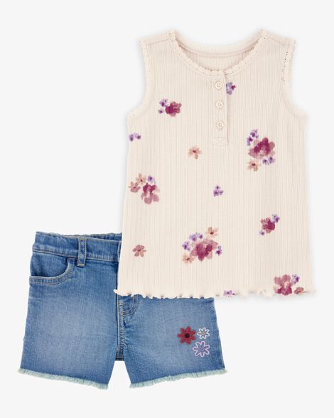 Product image 1 of Toddler 2-Piece Floral Ribbed Tank Top & Denim Shorts Set - Ivory/Blue