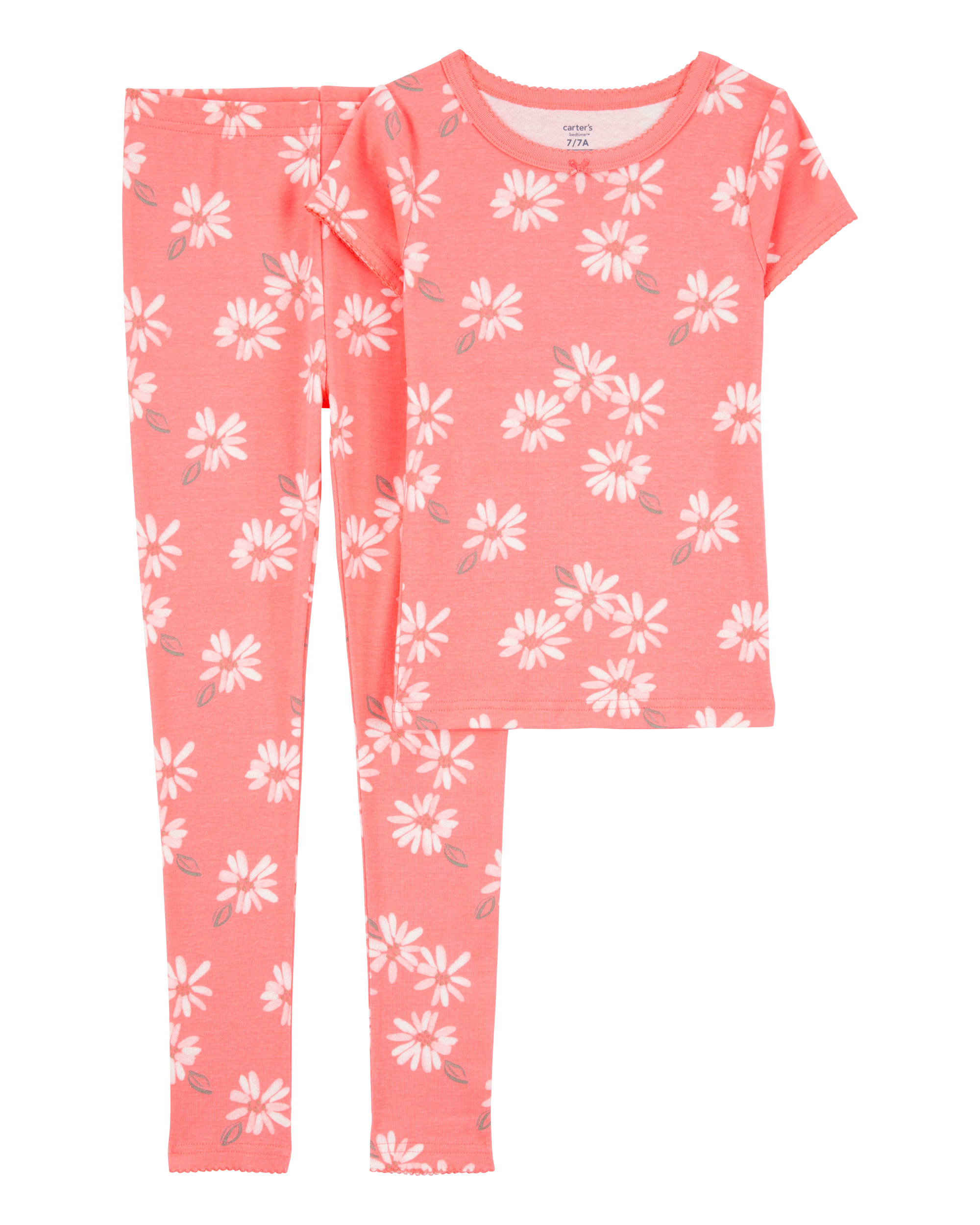 Girls 2-Piece Floral Print 100% Snug Fit Cotton Pajamas - Coral