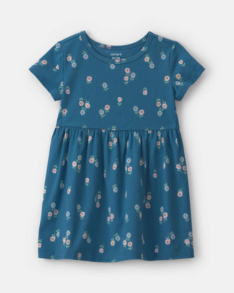 toddler girl floral short-sleeve dress - navy blue