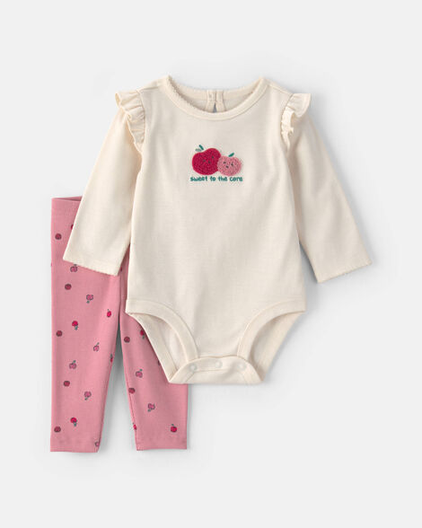 baby girl 2-piece apple long-sleeve bodysuit & pant set - cream/pink