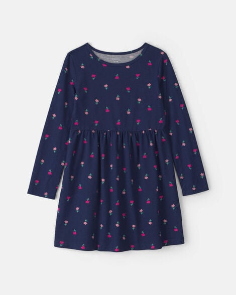 girls floral long-sleeve dress - navy blue
