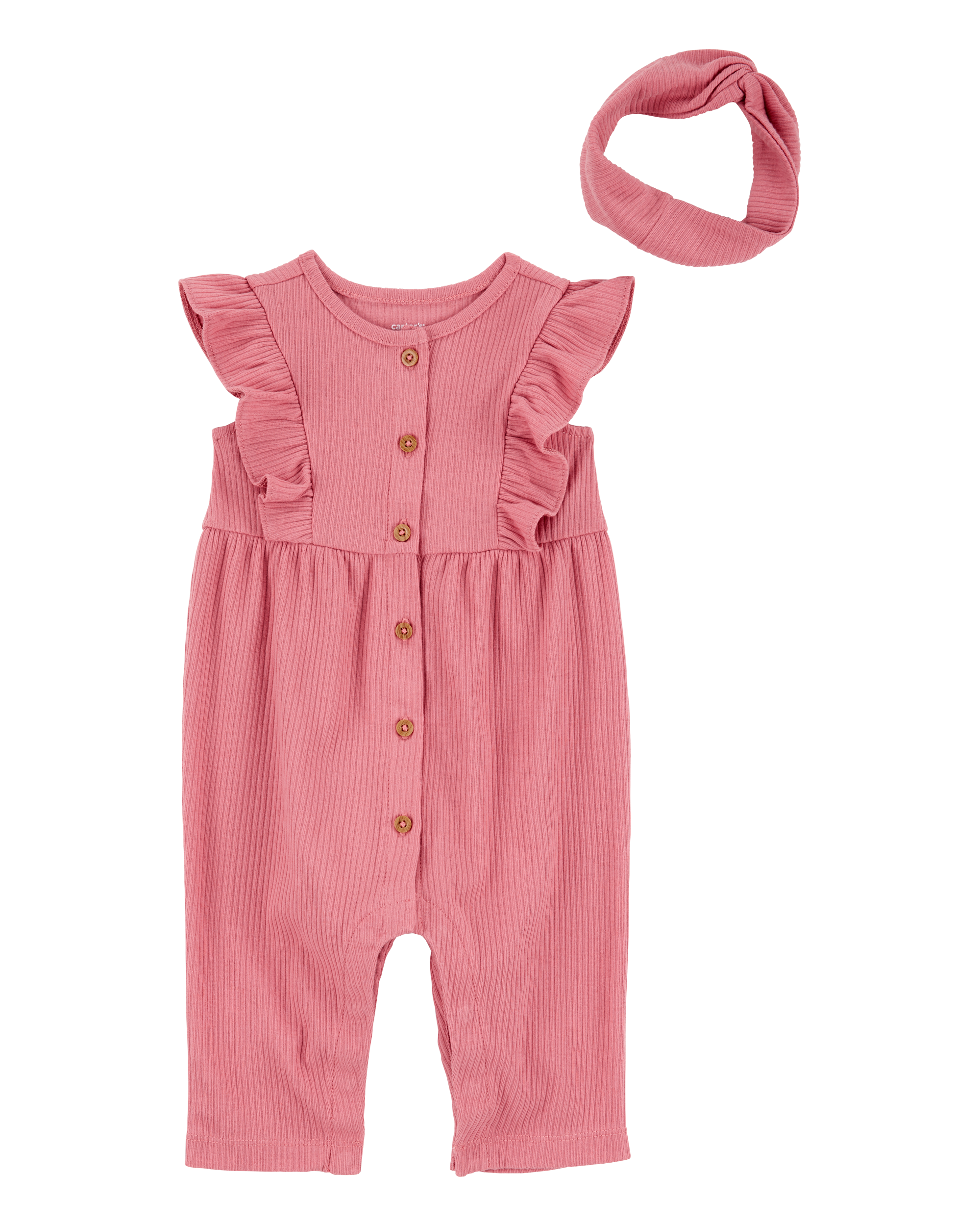 Baby Girl 2-Piece Solid Flutter-Sleeve Relaxed Fit Jumpsuit & Headwrap Outfit Set - Pink