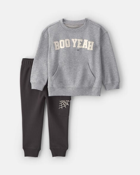 baby boy 2-piece 'boo yeah' halloween french terry sweatshirt & pant set - grey/black