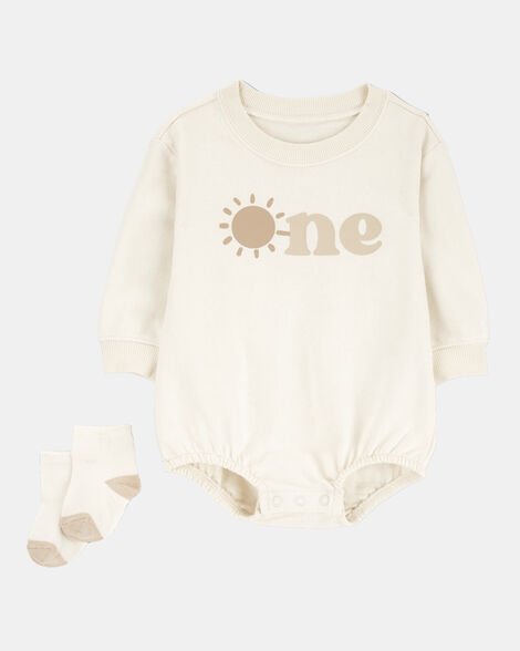 baby 2-piece birthday bubble & socks set - ivory