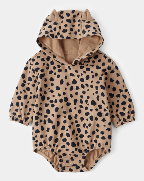 baby leopard hooded long-sleeve bubble romper - brown
