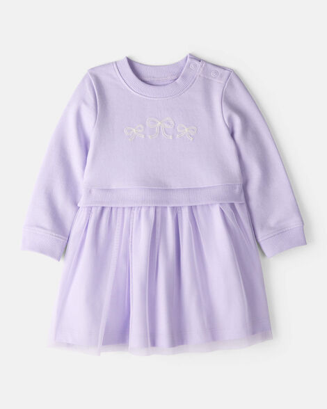 baby girl bow print tulle cotton dress - purple