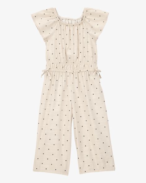  Product image 1 of Toddler Polka Dot Linen Look-Alike Short-Sleeve Jumpsuit - Tan