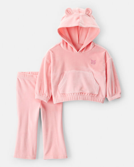 baby girl bear velour hoodie & pant set - pink
