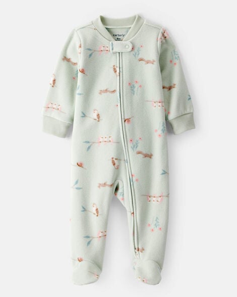 baby girl squirrel print loose fit long-sleeve sleep & play pajamas - green