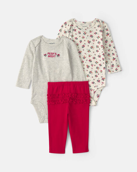 baby girl 3-piece floral long-sleeve bodysuit & pant set - red/grey