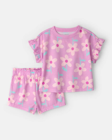 toddler girl floral short-sleeve loose fit 2-piece pajama set - pink