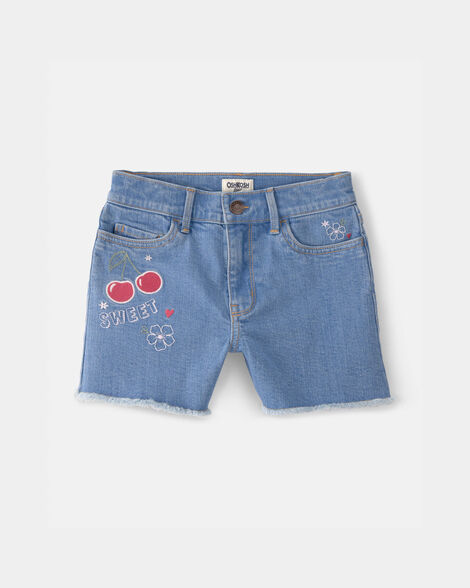 Girls Cherry Denim Embroidered Midi Shorts - Medium Wash