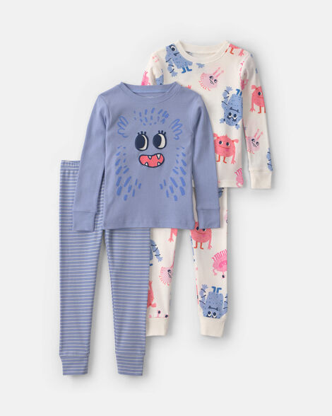 baby girl 4-piece monster 100% cotton snug fit pajama set - blue/cream