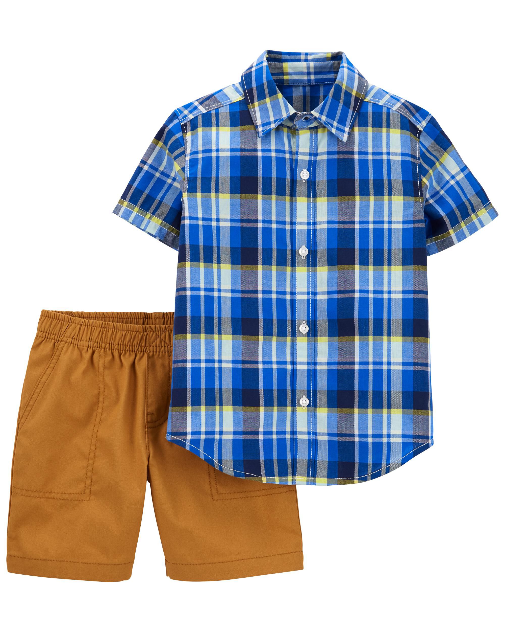 Toddler Blue 2-Piece Plaid Button-Front 