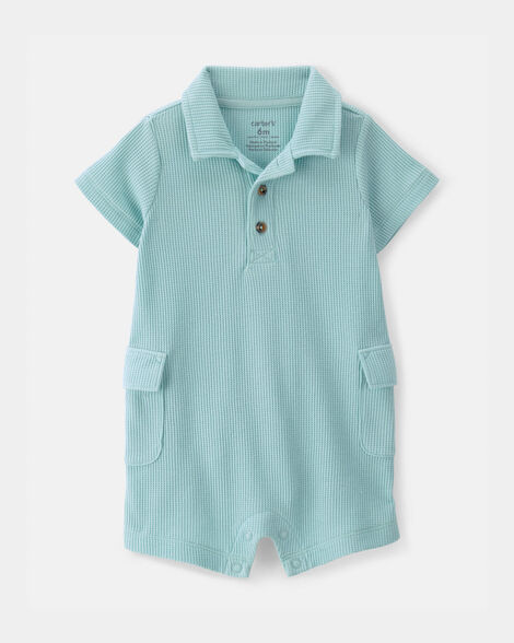 baby boy waffle-knit polo romper - turquoise