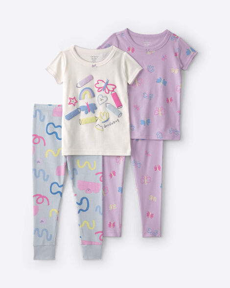toddler girl 4-piece 'doodlebug' cotton pajama set - purple/blue
