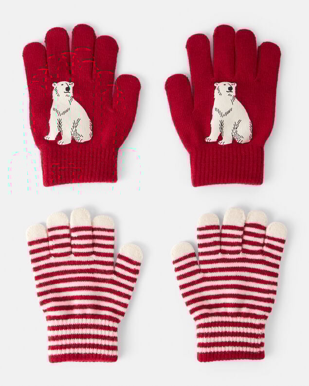 Product image 1 of Boys 2-Pack Striped Polar Bear Winter Gloves - Red