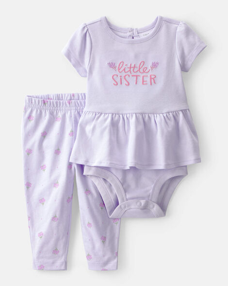 baby girl 2-piece 'little sister' bodysuit & pant set - purple