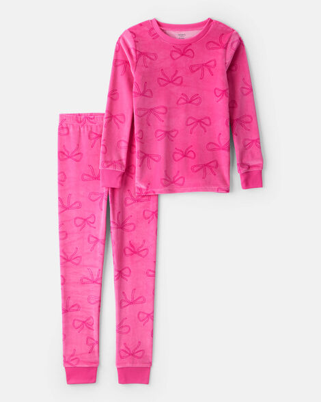 Product image 1 of Girls Bow Print Velour Long-Sleeve Loose Fit 2-Piece Pajamas - Pink