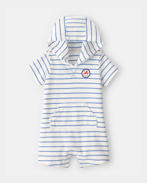 baby boy 'oh snap!' lobster stripe short-sleeve hooded romper - blue/white