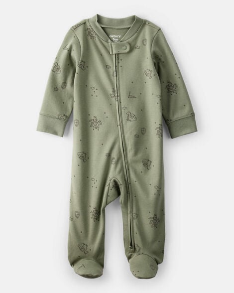 baby boy dragon print 100% cotton long-sleeve sleep & play pajamas - green