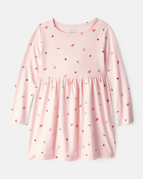 toddler girl leaf print long sleeve dress - pink