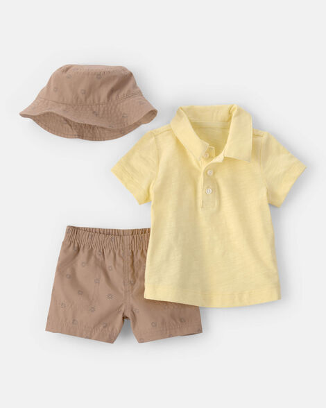 baby boy 3-piece top, hat & short set - yellow/brown