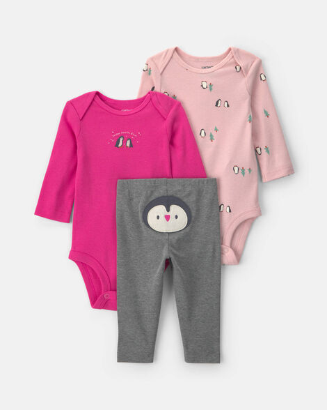 baby girl 3-piece penguin long-sleeve bodysuit & pant set - pink