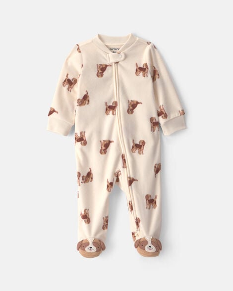 baby boy dog fleece 2-way zip sleep & play pajamas - cream