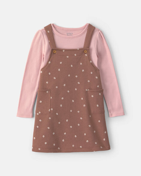 toddler girl floral french terry long-sleeve dress set - pink/brown