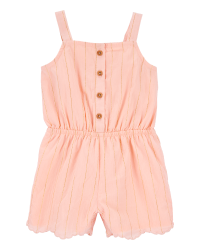Baby Boho Button-Up Crinkle Romper - Coral