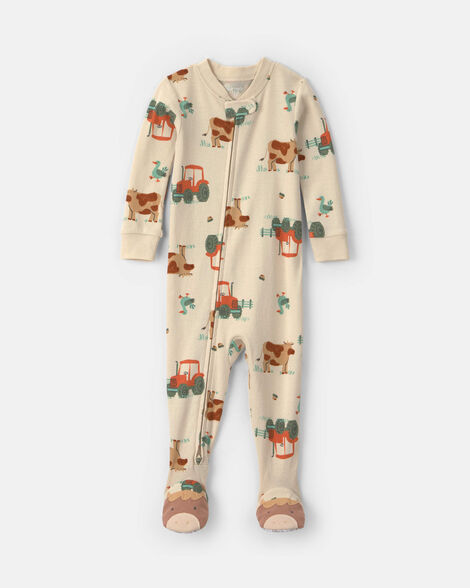 baby boy 1-piece farm 2-way zip 100% cotton snug fit footed pajama - cream