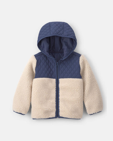 teddy fleece color block zip-up hoodie - navy blue/cream