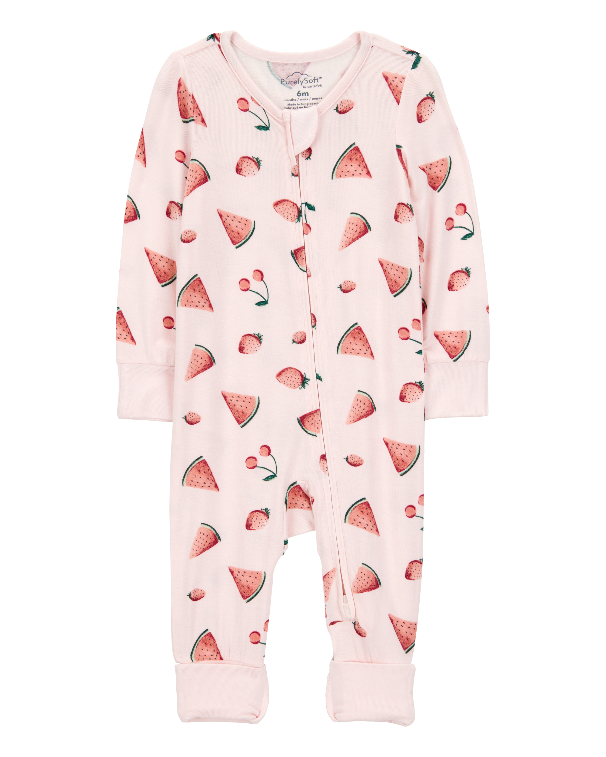 Baby Girl Fruit Print 2-Way Zip PurelySoft Convertible Foot Sleep & Play Pajamas - Pink