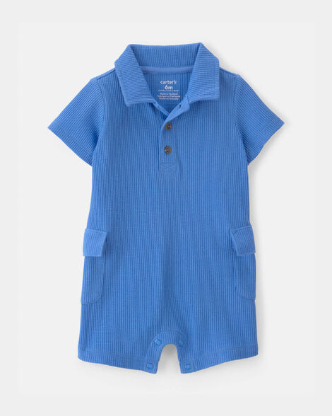baby boy waffle-knit polo romper - blue